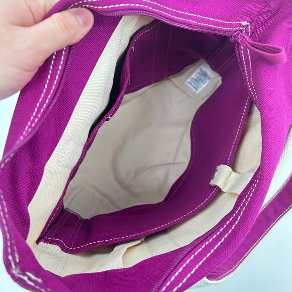 Lands' End Medium 5 Pocket Open Top Long Handle Canvas Tote Bag Ivory Magenta - Picture 6 of 10